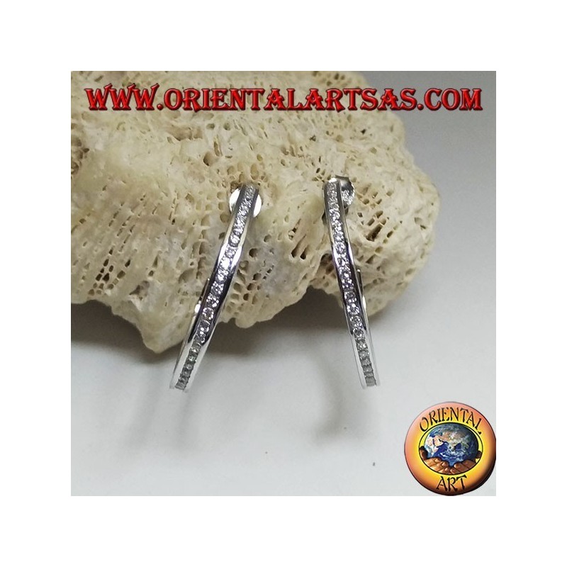Simple squared circle silver earrings with a row of 30mm central white zircons