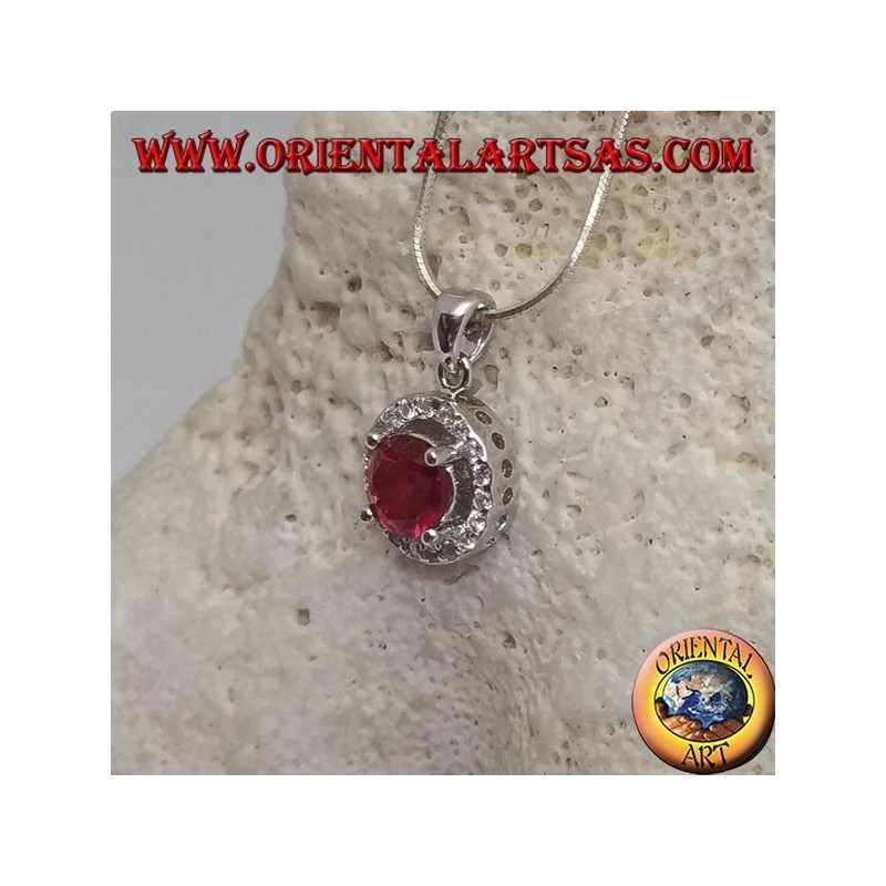 Silver pendant with round synthetic ruby set surrounded by round zircons