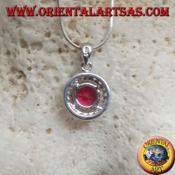 Silver pendant with round synthetic ruby set surrounded by round zircons
