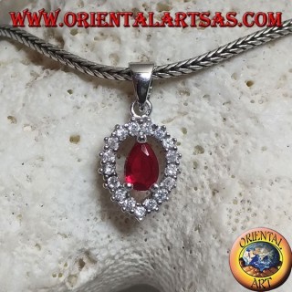 Silver pendant with synthetic teardrop ruby set on an inverted teardrop zircon setting