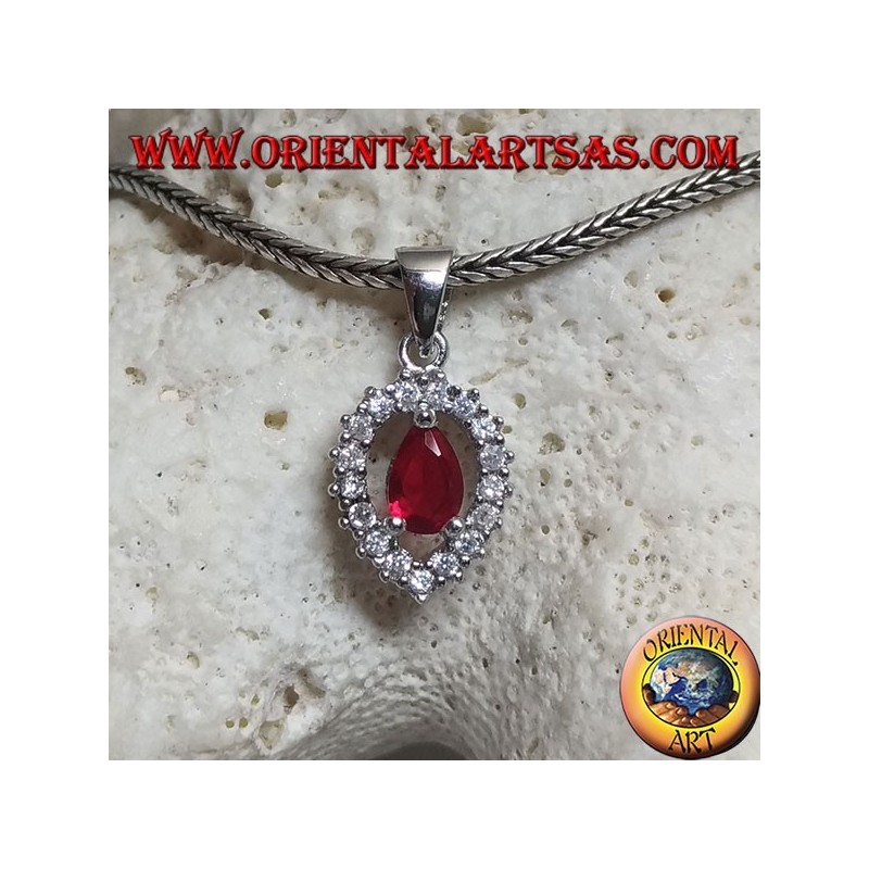 Silver pendant with synthetic teardrop ruby set on an inverted teardrop zircon setting
