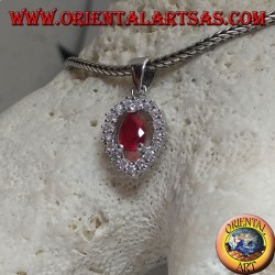 Silver pendant with synthetic teardrop ruby set on an inverted teardrop zircon setting