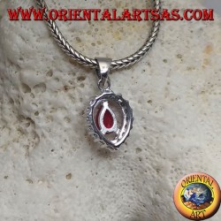 Silver pendant with synthetic teardrop ruby set on an inverted teardrop zircon setting