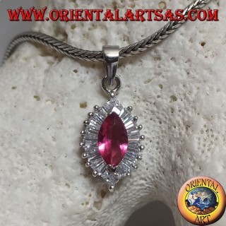 Silver pendant with synthetic teardrop ruby set on an inverted teardrop zircon setting