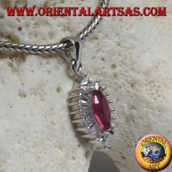 Silver pendant with synthetic teardrop ruby set on an inverted teardrop zircon setting