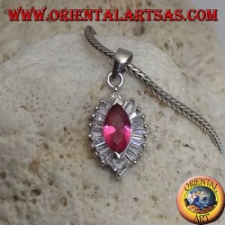 Silver pendant with synthetic teardrop ruby set on an inverted teardrop zircon setting