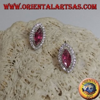 Boucles d'oreilles en argent avec rubis navette synthétiques serties de zircons blancs
