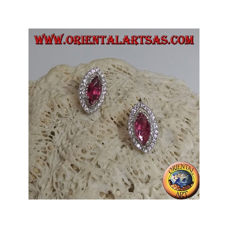 Silver earrings with synthetic shuttle ruby set surrounded by white zircons