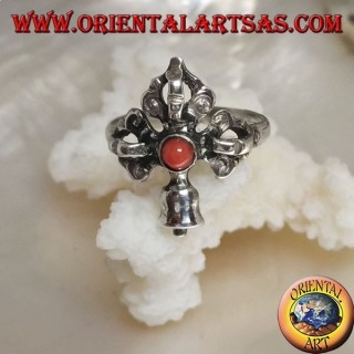 Bague en argent avec Gantha et Dorje entrecoupés et ancien corail rond tibétain
