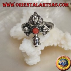 Silver ring with intersected Gantha and Dorje and ancient Tibetan round coral