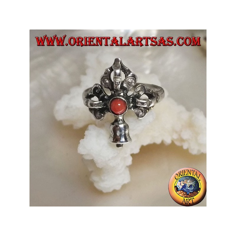 Silver ring with intersected Gantha and Dorje and ancient Tibetan round coral
