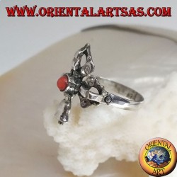 Bague en argent avec Gantha et Dorje entrecoupés et ancien corail rond tibétain