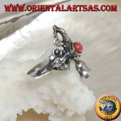 Bague en argent avec Gantha et Dorje entrecoupés et ancien corail rond tibétain
