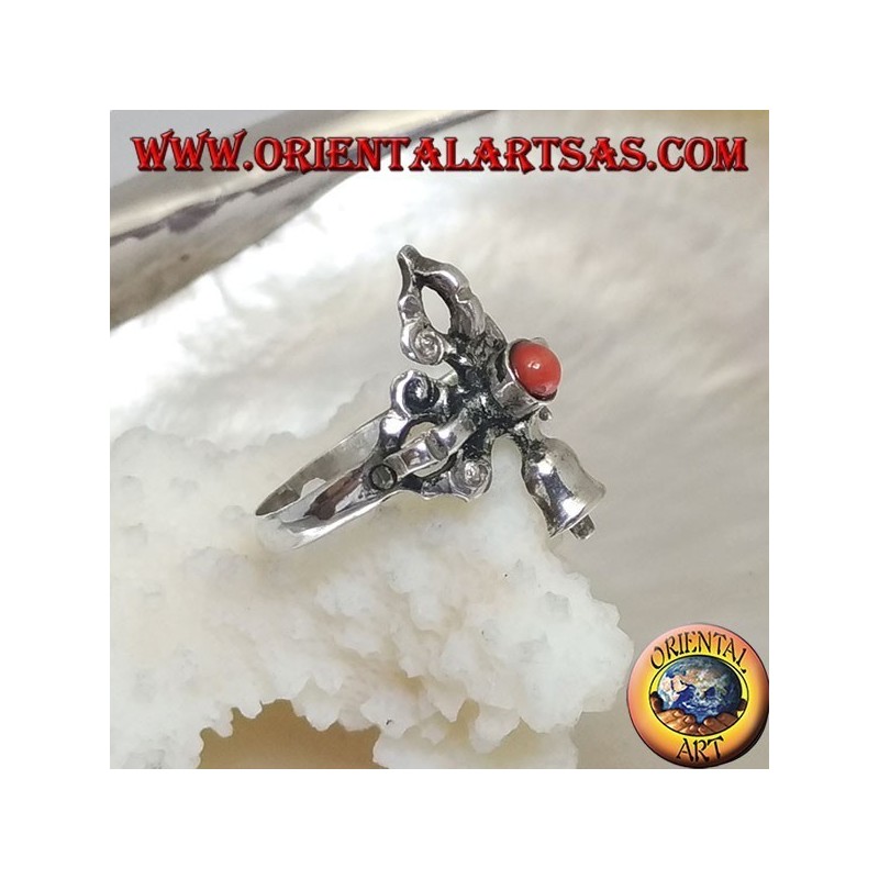 Bague en argent avec Gantha et Dorje entrecoupés et ancien corail rond tibétain