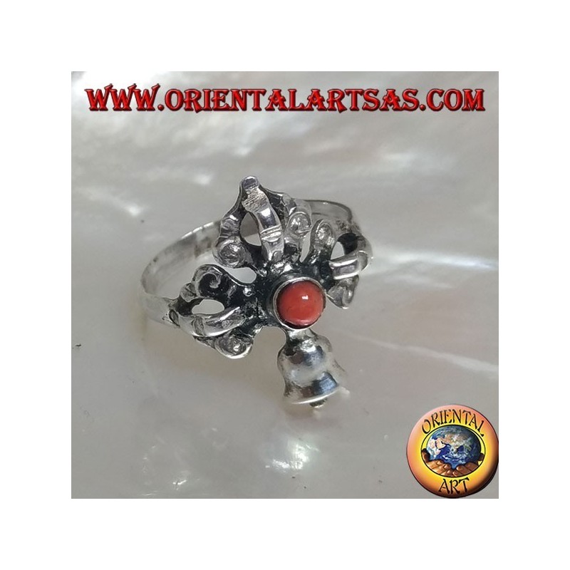 Bague en argent avec Gantha et Dorje entrecoupés et ancien corail rond tibétain