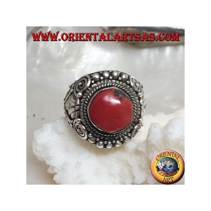 Silver ring with ancient Tibetan fossil coral and handmade ethnic decorations