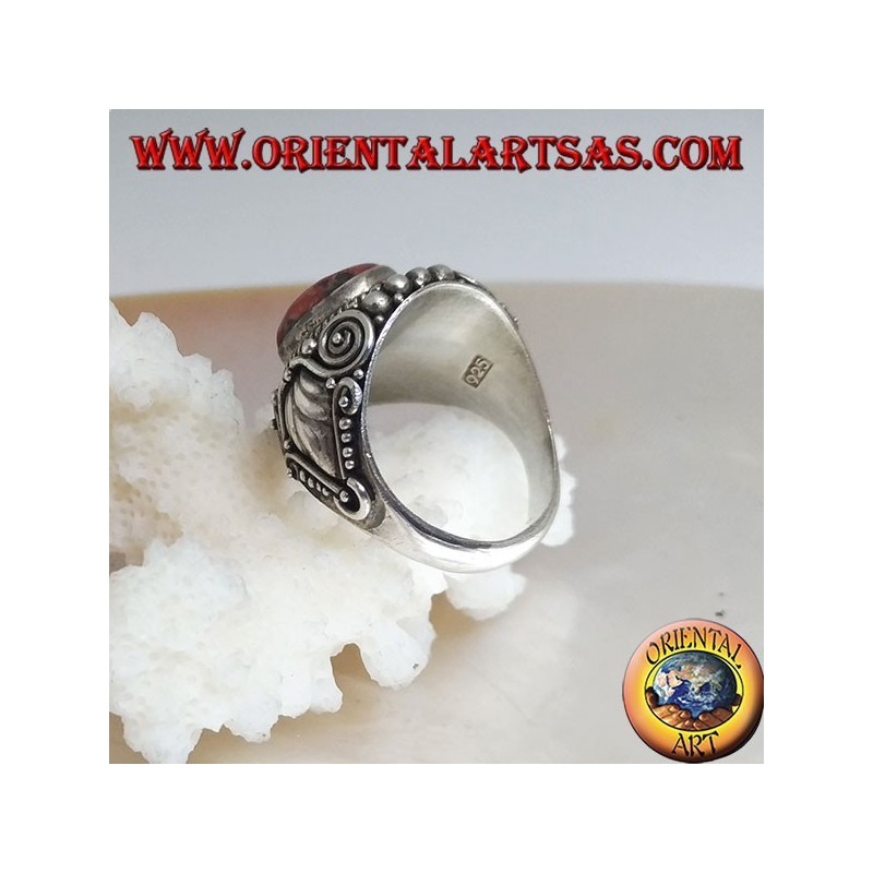 Silver ring with ancient Tibetan fossil coral and handmade ethnic decorations