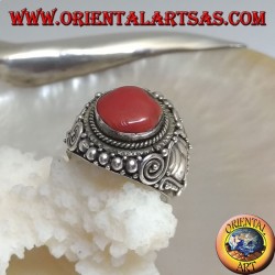 Silver ring with ancient Tibetan fossil coral and handmade ethnic decorations