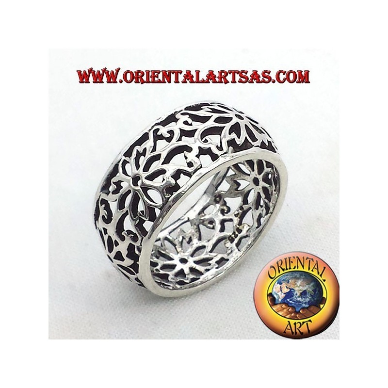 anneau perforé bandeau de fleurs en argent en forme de dôme