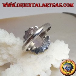 Silver ring with natural oval faceted amethyst surrounded by discs