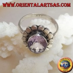 Silver ring with natural oval faceted amethyst surrounded by discs