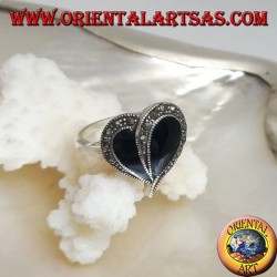 Silver ring with onyx heart and marcasite border