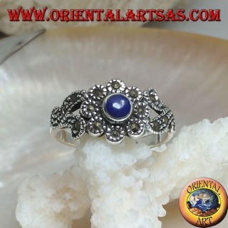 Silver ring with natural round lapis lazuli and floral decorations studded with marcasite