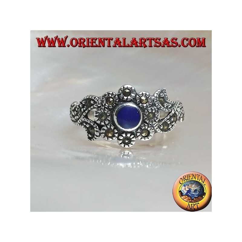 Silver ring with natural round lapis lazuli and floral decorations studded with marcasite