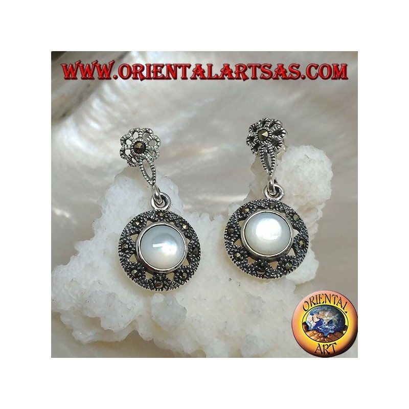 Silver earrings with lobe flower and pendant disk studded with marcasite and round mother of pearl