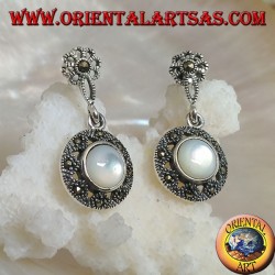 Silver earrings with lobe flower and pendant disk studded with marcasite and round mother of pearl