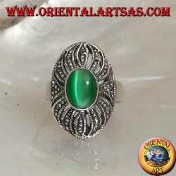 Silver ring with oval green cat's eye on an openwork decoration studded with marcasite
