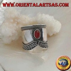 Wide band silver ring with oval carnelian and V-shaped serpentine contour, Bali
