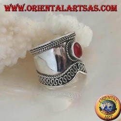 Wide band silver ring with oval carnelian and V-shaped serpentine contour, Bali