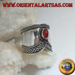 Wide band silver ring with oval carnelian and V-shaped serpentine contour, Bali