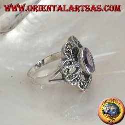 Silberring mit ovalem natürlichem Amethyst auf einer mit Markasit besetzten, durchbohrten Schleife