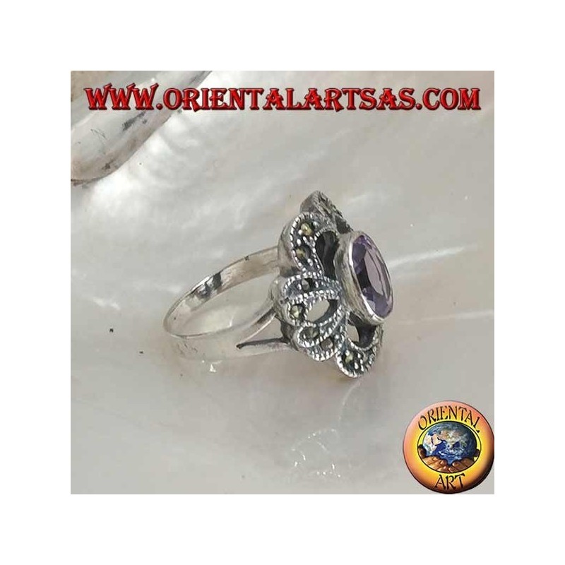 Silver ring with oval natural amethyst on a pierced bow setting studded with marcasite