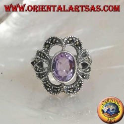 Silver ring with oval natural amethyst on a pierced bow setting studded with marcasite