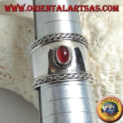 Wide band silver ring with oval carnelian and contour weaves, Bali