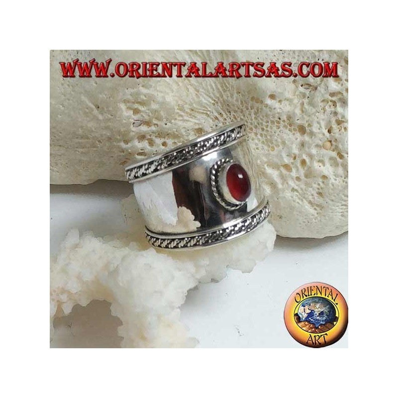Wide band silver ring with oval carnelian and contour weaves, Bali