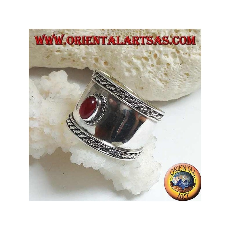 Breitband-Silberring mit ovalem Karneol und Konturgewebe, Bali