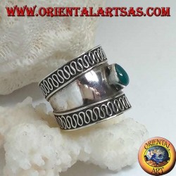 Wide band silver ring with oval green agate and contour serpentine, Bali