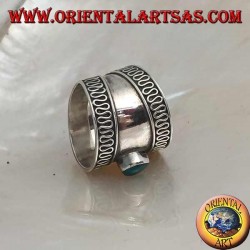 Wide band silver ring with oval green agate and contour serpentine, Bali