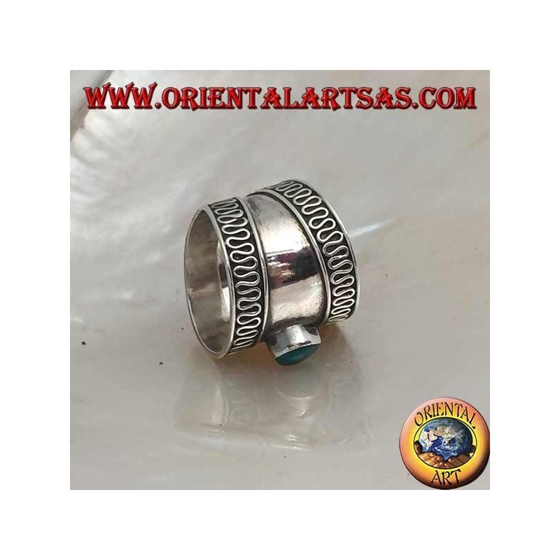 Breitband-Silberring mit ovalem grünem Achat und Kontur-Serpentin, Bali