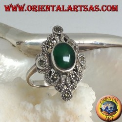 Silver ring with oval green agate on a perforated rhomboid setting studded with marcasite