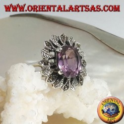 Silver ring with oval natural amethyst set surrounded by silver and marcasite leaves