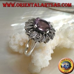 Silver ring with oval natural amethyst set surrounded by silver and marcasite leaves