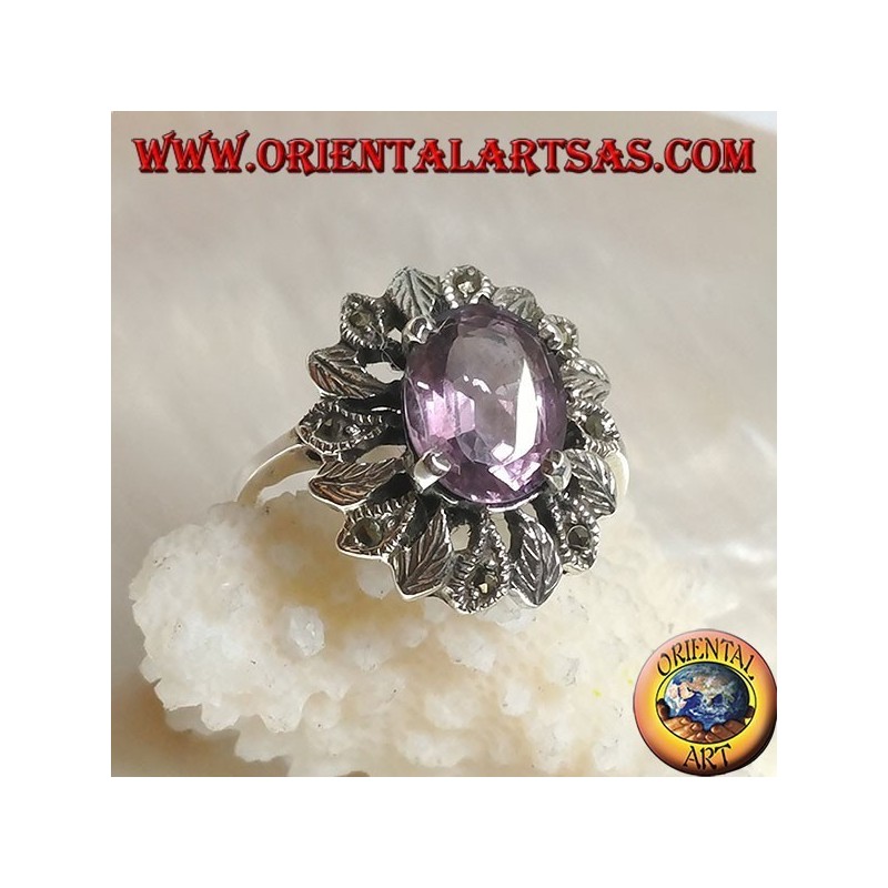 Silver ring with oval natural amethyst set surrounded by silver and marcasite leaves