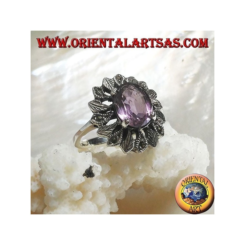 Silver ring with oval natural amethyst set surrounded by silver and marcasite leaves