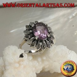 Bague en argent avec améthyste naturelle ovale sertie de feuilles d'argent et de marcassite