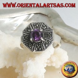 Bague octogonale en argent avec améthyste ronde et zircon de couleur marcassite